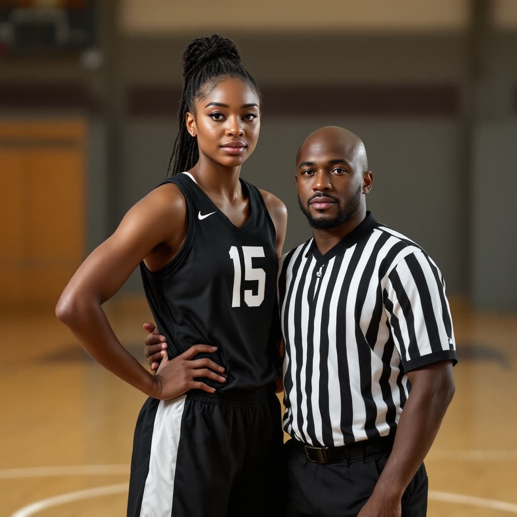 AI generated: generate a 8 ft tall female black american Basket ball player standing beside a 4 ft tall referee po...