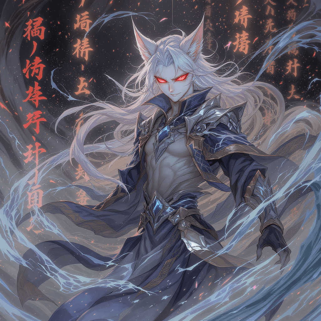 AI generated: Anime male cat demon cultivator, white long hair, glowing crimson eyes, sharp cat ears, pale skin, 1...