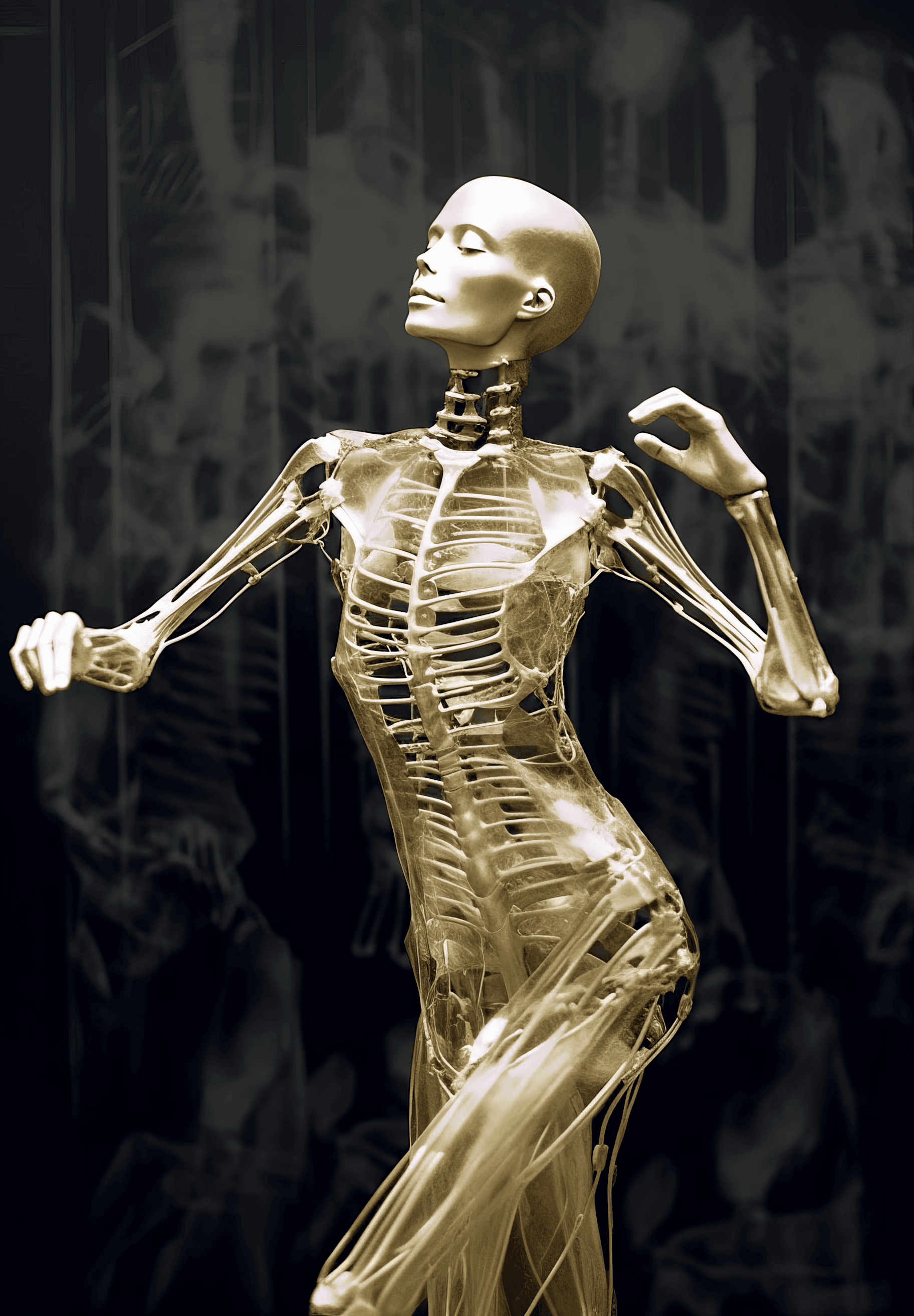 AI generated: a woman in black and white standing in front of a gold dress, in the style of fragmented, zbrush, th...