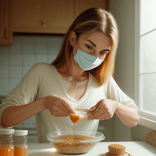 AI generated: woman in her 20s preparing a homemade facial mask with honey and oatmeal, in the style of post-'2000...