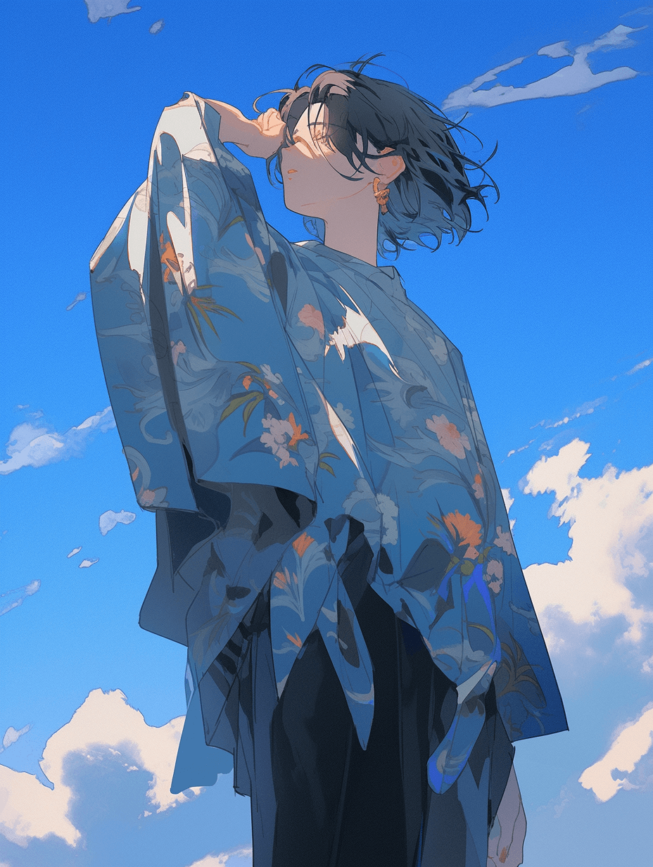 AI generated: shorthaired anime girl, wearing flowing fabric shirt, full body shot portrait, shot in bird's eye hi...