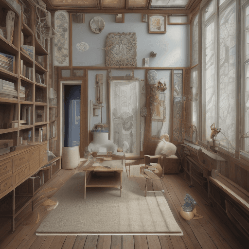 AI generated: High resolution photography interior design,person height, wooden floor, small windows opening onto ...