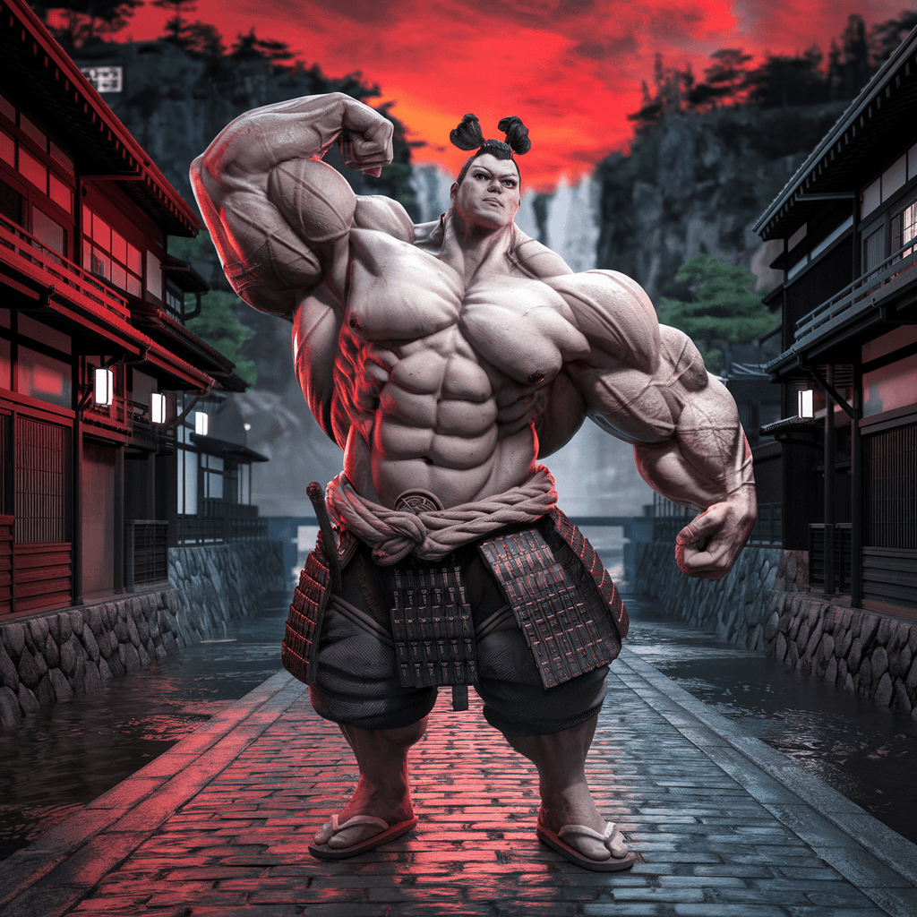 AI generated: Japanese female Samurai. She is massive muscular female heavy weight bodybuilder with a chiseled phy...