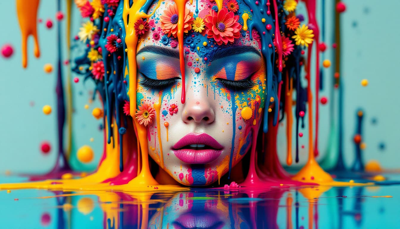 AI generated: A vibrant and surreal portrait, likely digital art, features a woman's face adorned with a complex a...