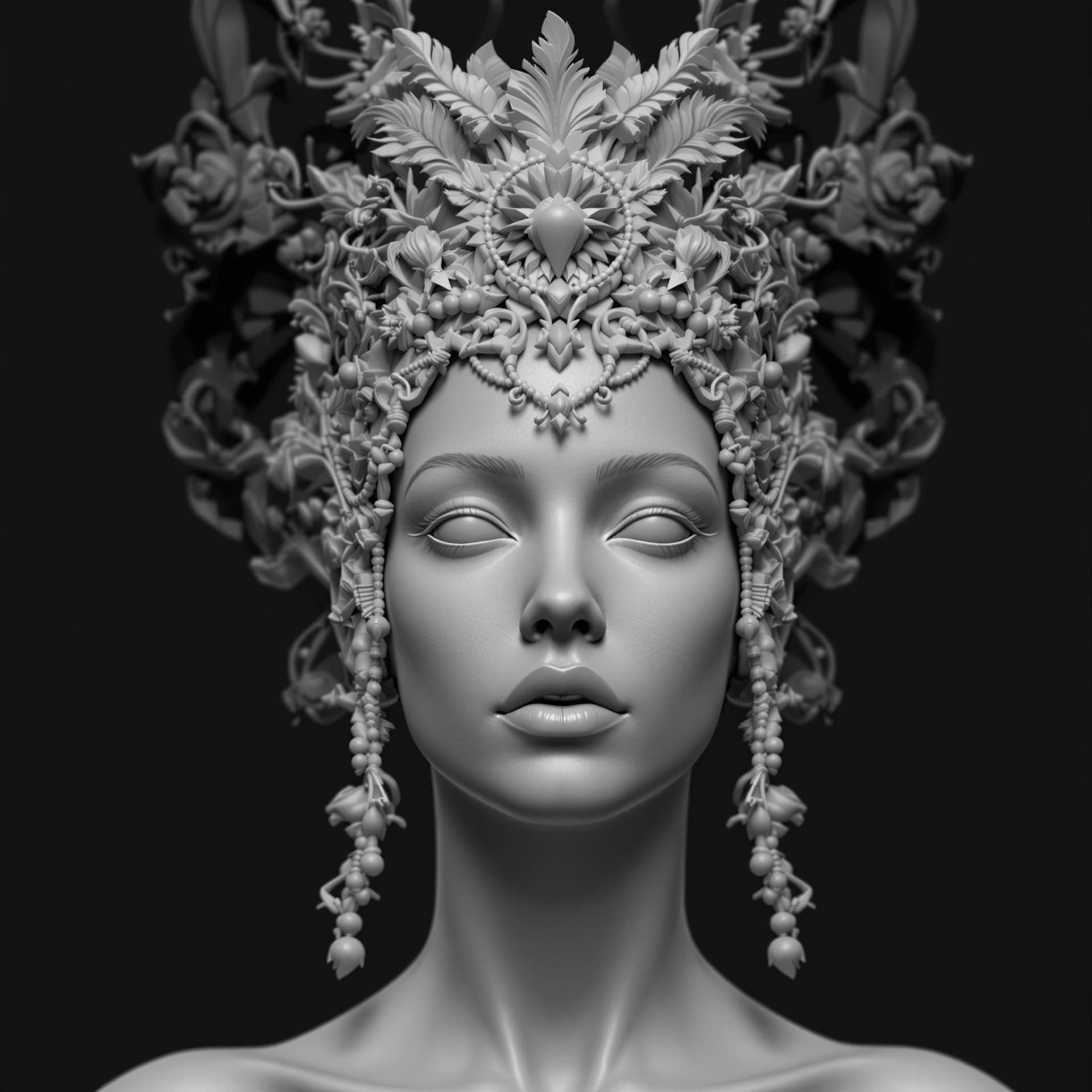 AI generated: a black and white sculpture of a woman with an elaborate crown, in the style of hyper-realistic sci-...