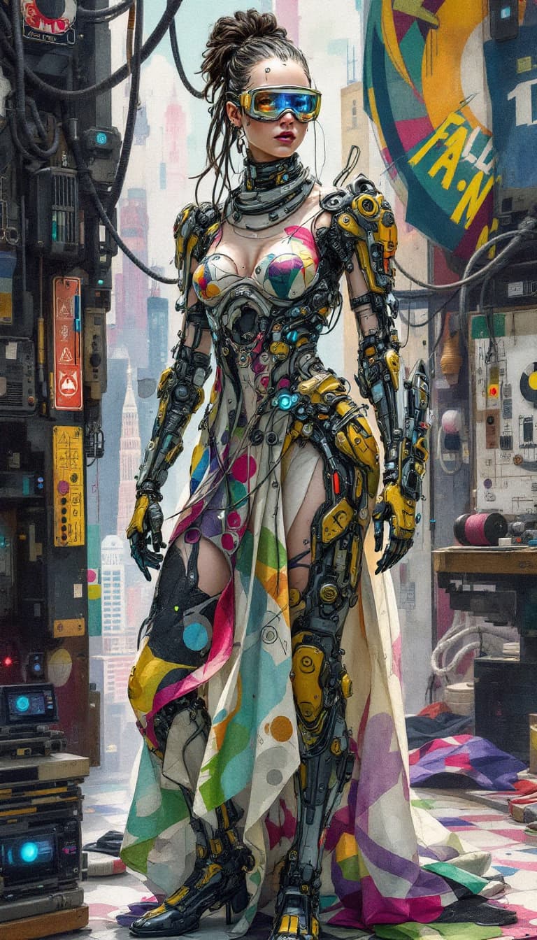 AI generated: Conceptual design: Cybernetic Seamstress from the Fabric Syndicate. This intricate graffiti-punk dig...