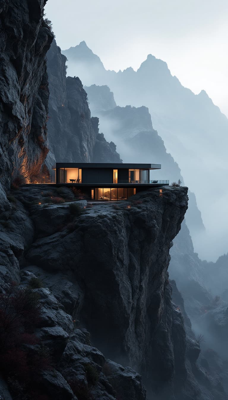 AI generated: modern house at the cliff top in a black and red rocky landscape, in the style of realistic and hype...