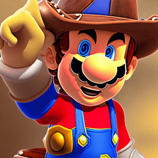 AI generated: Super Mario dressed as a cowboy from Red Dead Redemption, Mario has a pancho, a cowboy hat, boots, c...