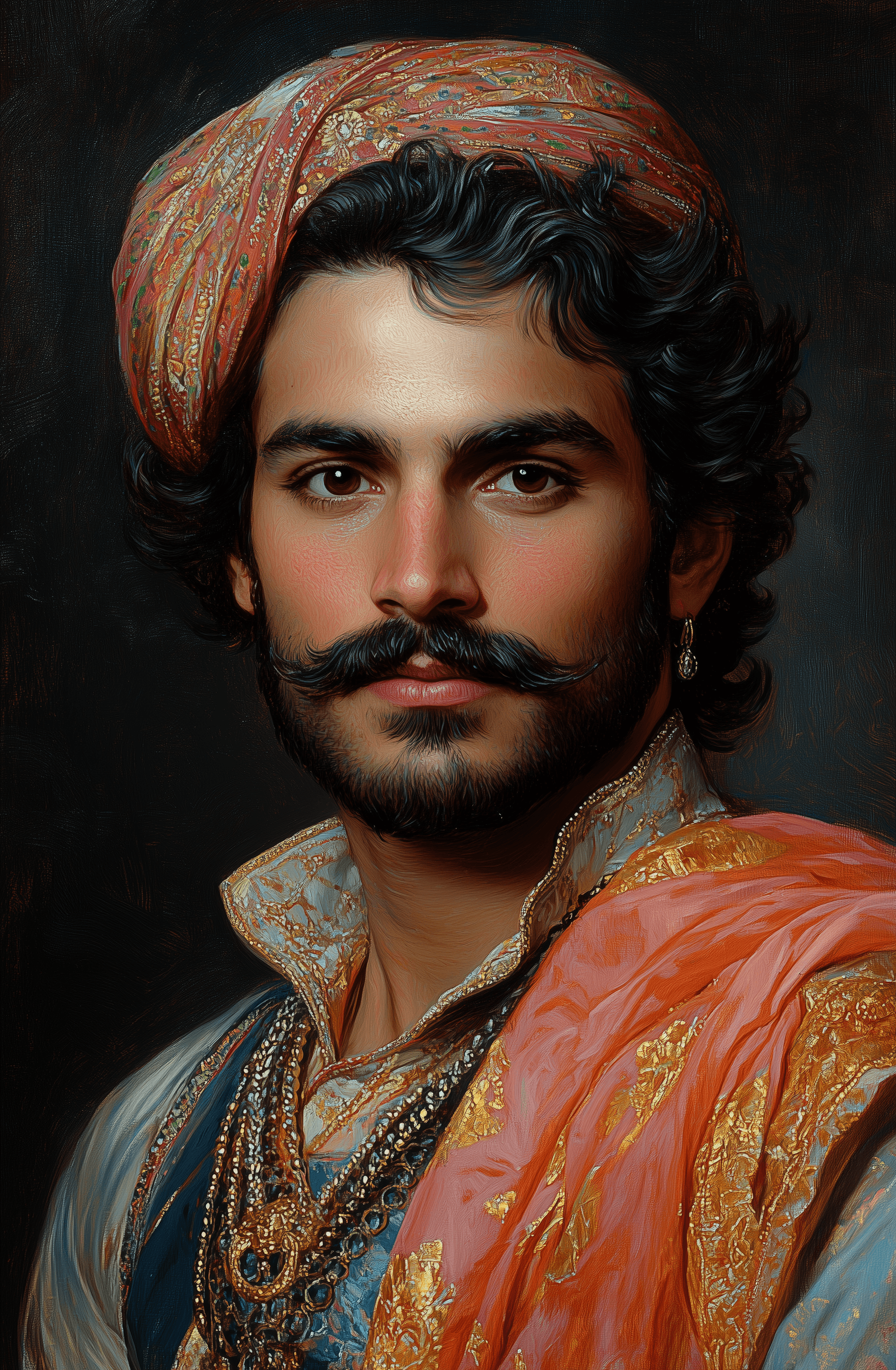 AI generated: Portrait of an handsome aristocratic Mughal man with a mustache, wearing colorful and headwear in th...
