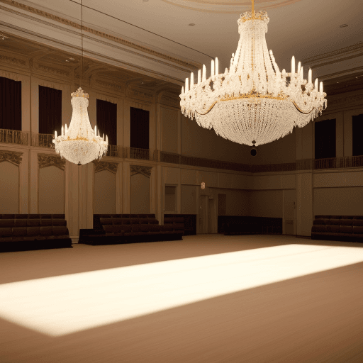 AI generated: a chandelier in a completely empty ballroom