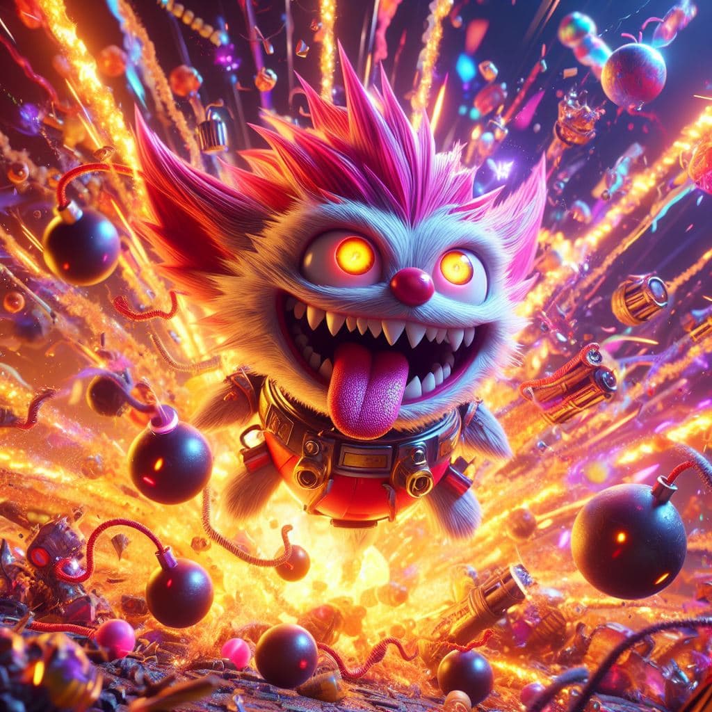 AI generated: Imagine an explosive 3D rendering featuring Ziggs from League of Legends. Immerse Ziggs in a chaotic...