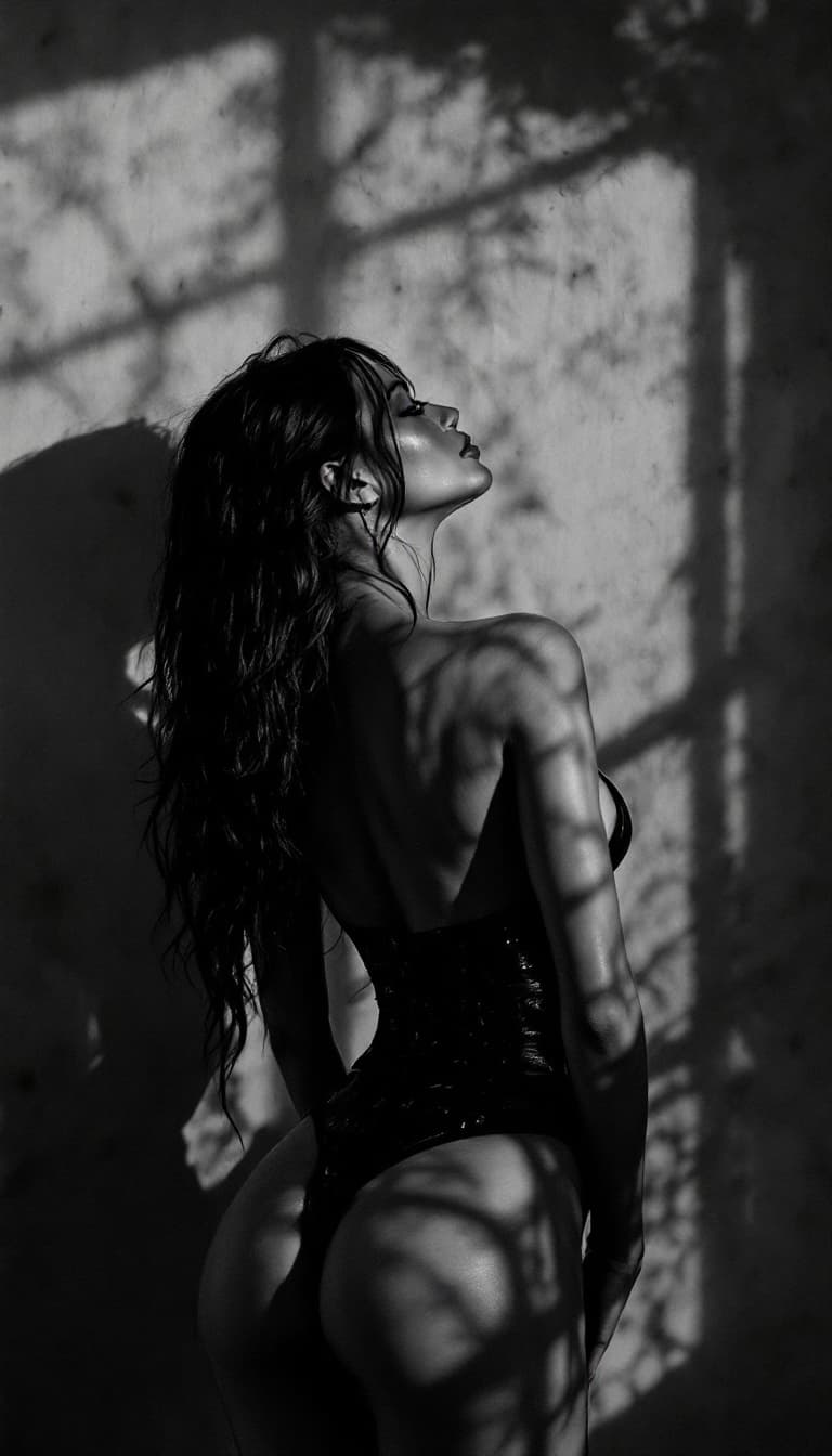 AI generated: A sensual yet powerful black-and-white fine art nude portrait. A woman, her back arched, her posture...