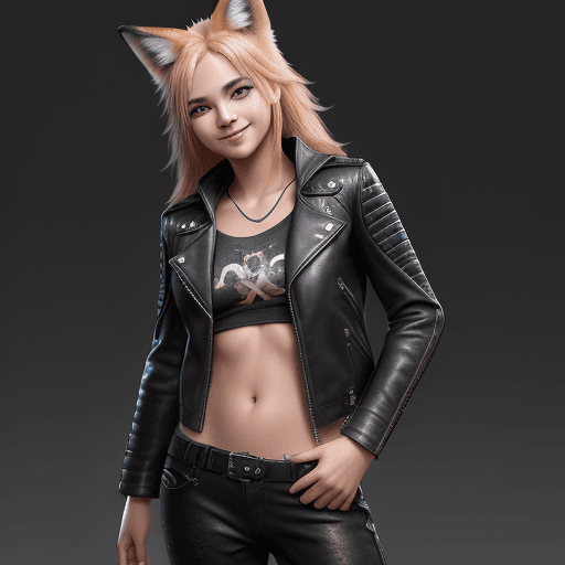 AI generated: Little fox, teenager, standing with strong character pose, with epic aura, wearing open leather jack...