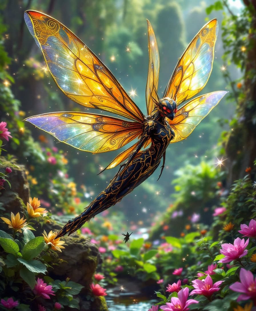 AI generated: A fairy dragonfly hybrid with delicate, translucent wings glimmering with an ethereal sheen, blendin...