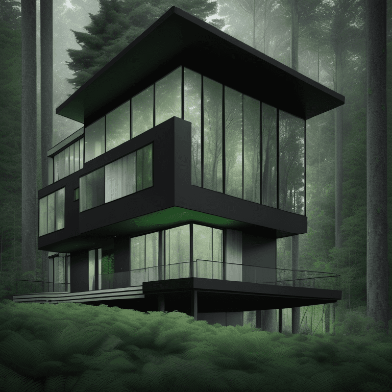 AI generated: render of a two-story house in the middle of the forest, super modern and minimalist house with dark...