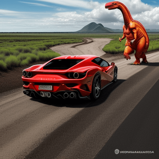 AI generated: un dinosaurio con lava alrededor persiguiendo un ferrari en el medio de las calles de nordelta con l...
