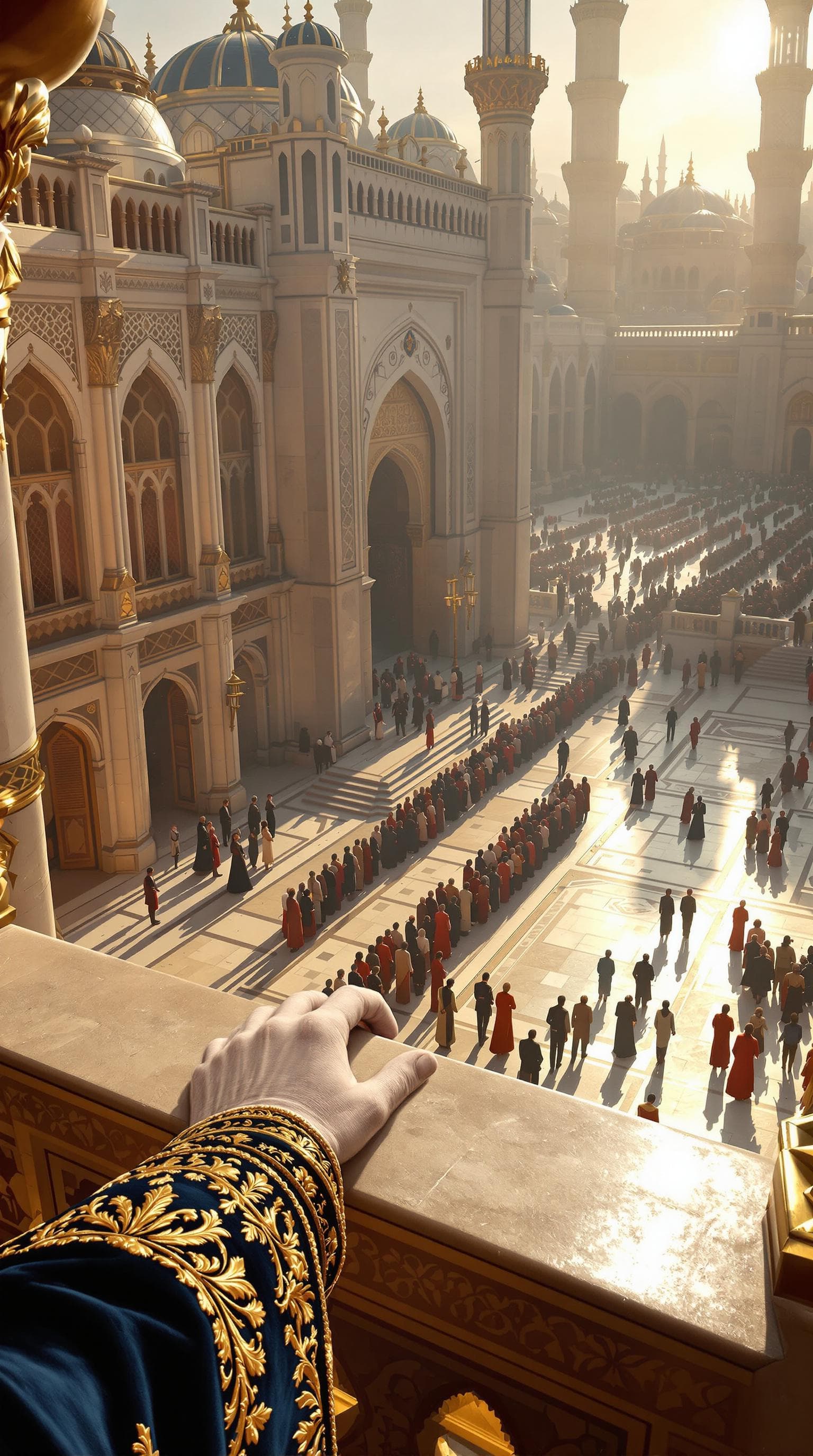 AI generated: First person POV, the Sultan’s gloved hand rests gently on the marble railing, gazing out at the gra...