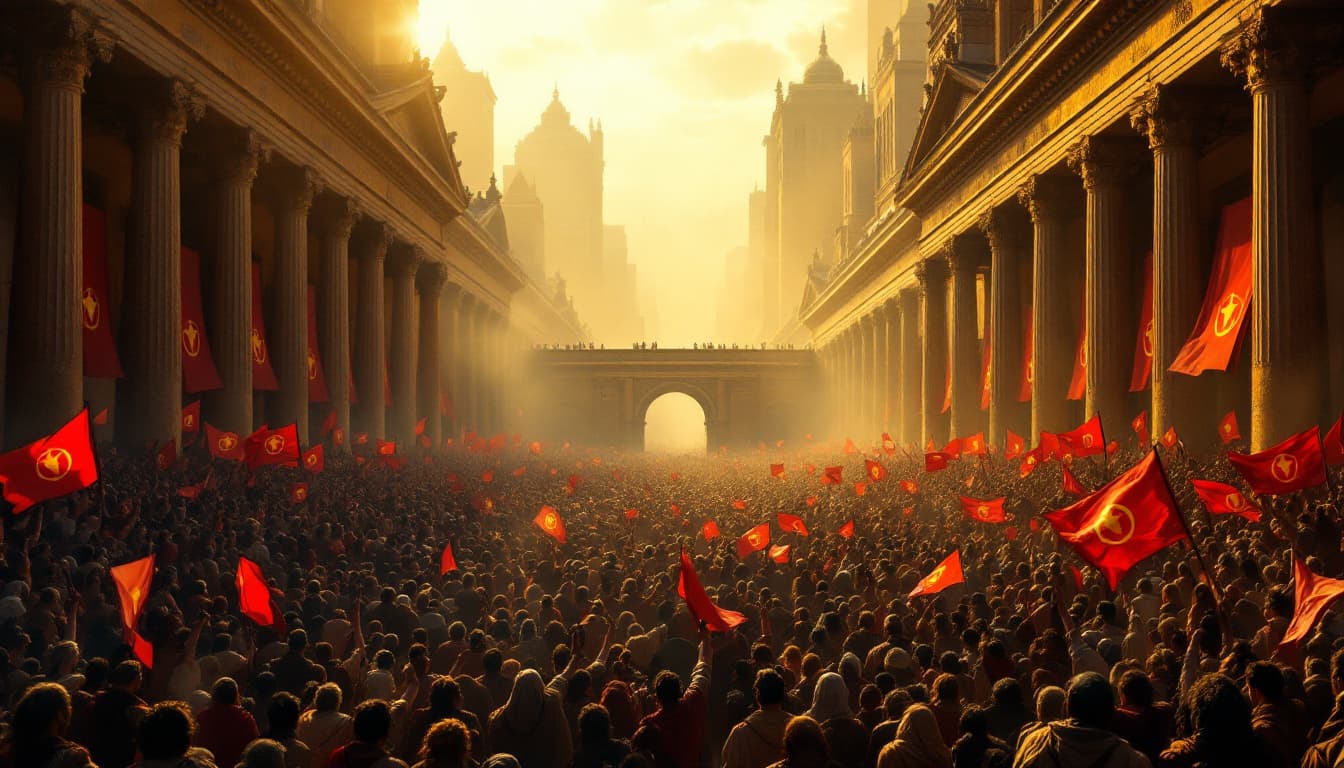 AI generated: A massive crowd of perspolis hakhamanesh period  people, predominantly male, wearing earth-toned tun...