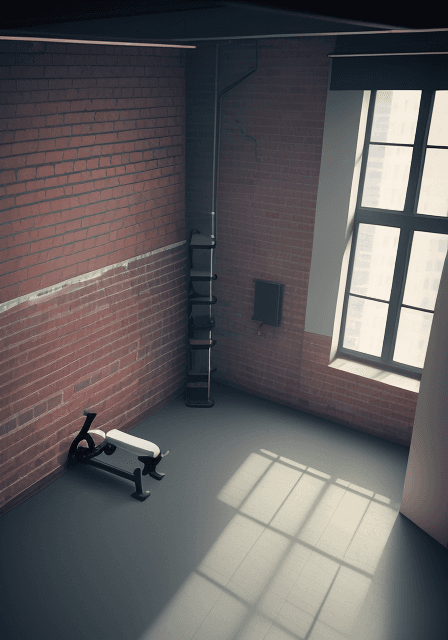 AI generated: Small gym inside an apartment building with brick walls and no windows cinematic, hyperrealism, high...
