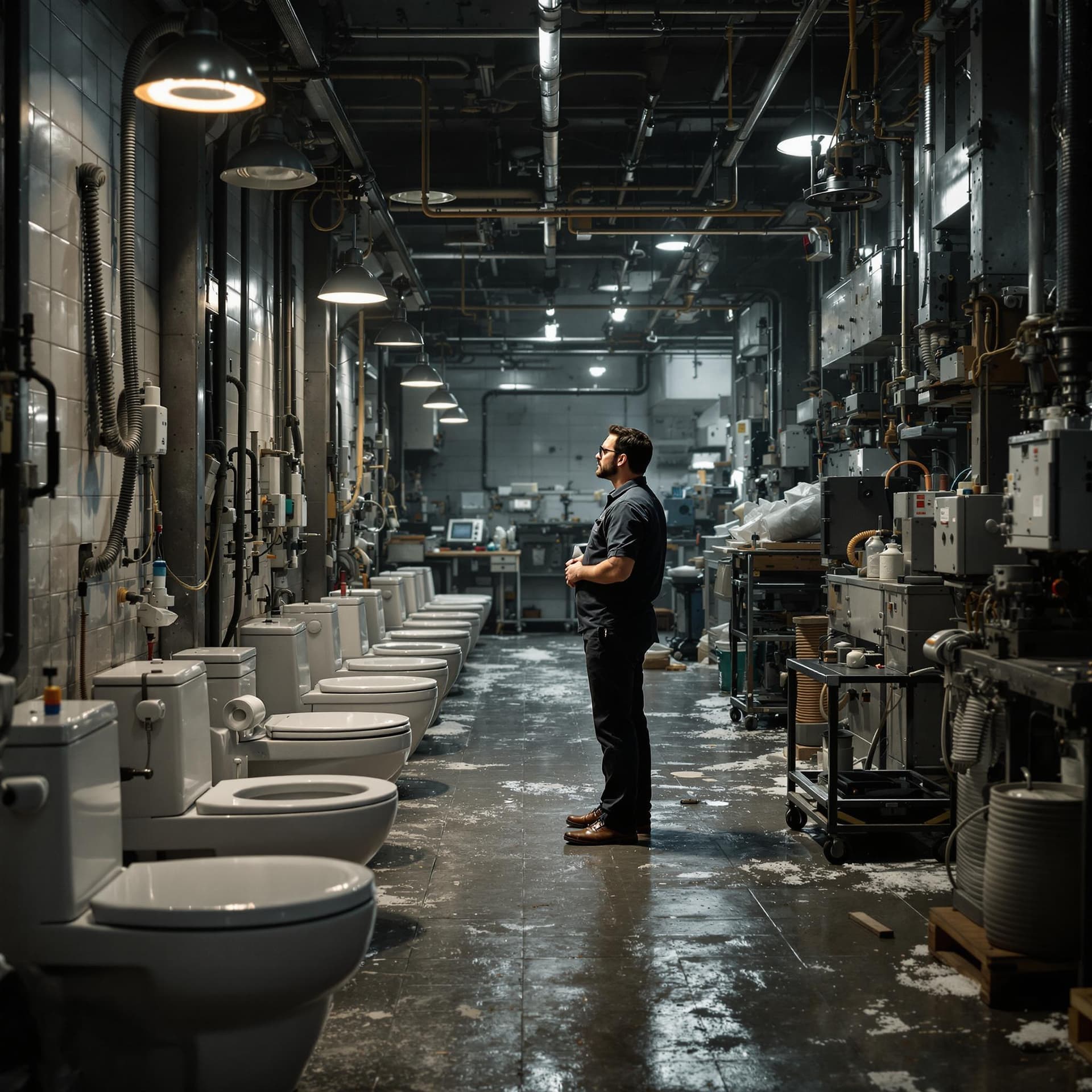 AI generated: The photo shows a man standing in the workshop of a toilet factory: Cinematic photo, Best quality, 8...
