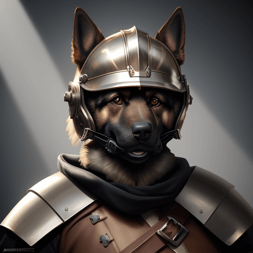 AI generated: An anthropomorphic german shepard warrior wearing a helmet, posed character portrait design study, b...