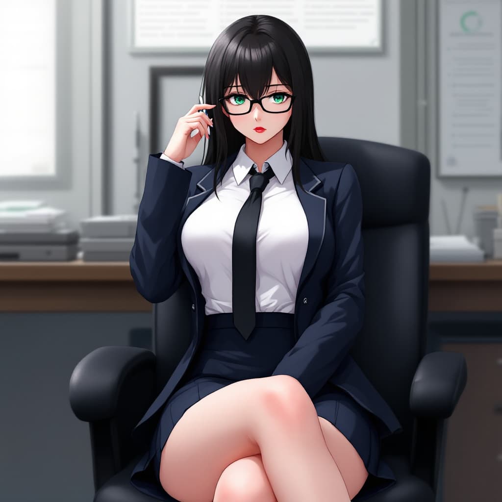 AI generated: anime, woman, black hair, long hair, green eyes, wearing black glasses, red lips, white shirt, black...