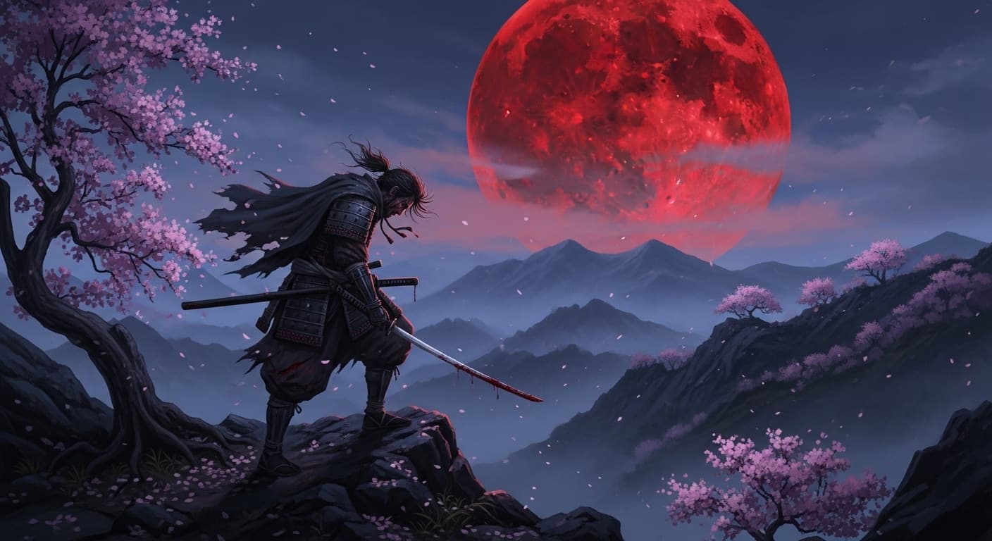AI generated:  blood stained moon, the last ronin depressed and angry on a Japanese mountain top with cherry bloss...