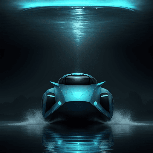 AI generated: a blue car driving through water, in the style of futuristic spacecraft design, eerie landscapes, oc...