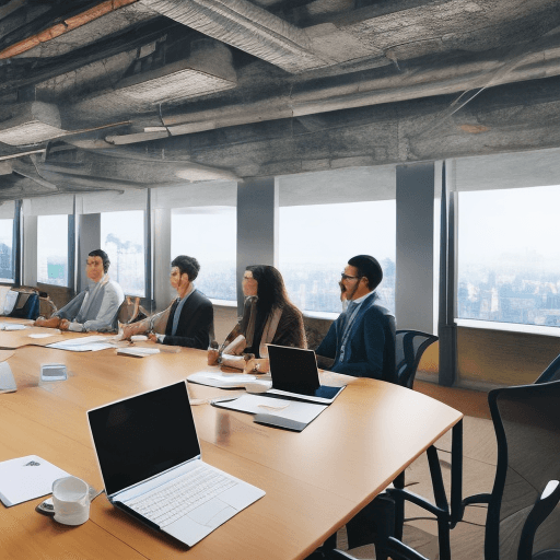 AI generated: Generate a corporation meeting in the top floor office. Background should be written ROMA ROMA GLOBA...