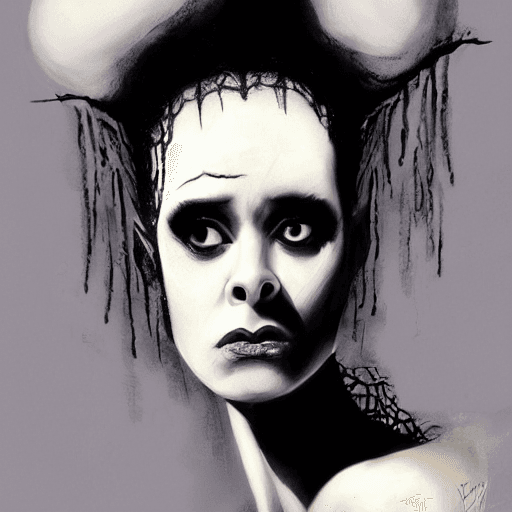 AI generated: portrait of bride of frankenstein, (cleavage), (busty),black hair, (white streak in her hair), dream...