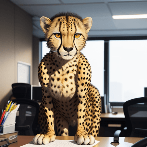 AI generated: cheetah in the office, teaching
