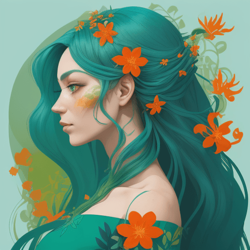 AI generated: A stylized profile of a woman with flowing teal hair intertwined with vibrant orange flowers and gre...