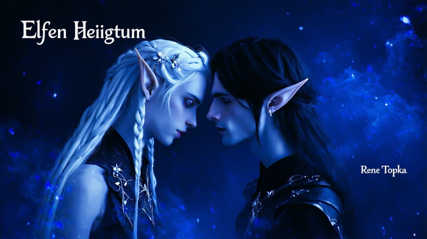 AI generated: A fantasy-themed digital artwork featuring two elf-like figures in an intimate moment against a dark...