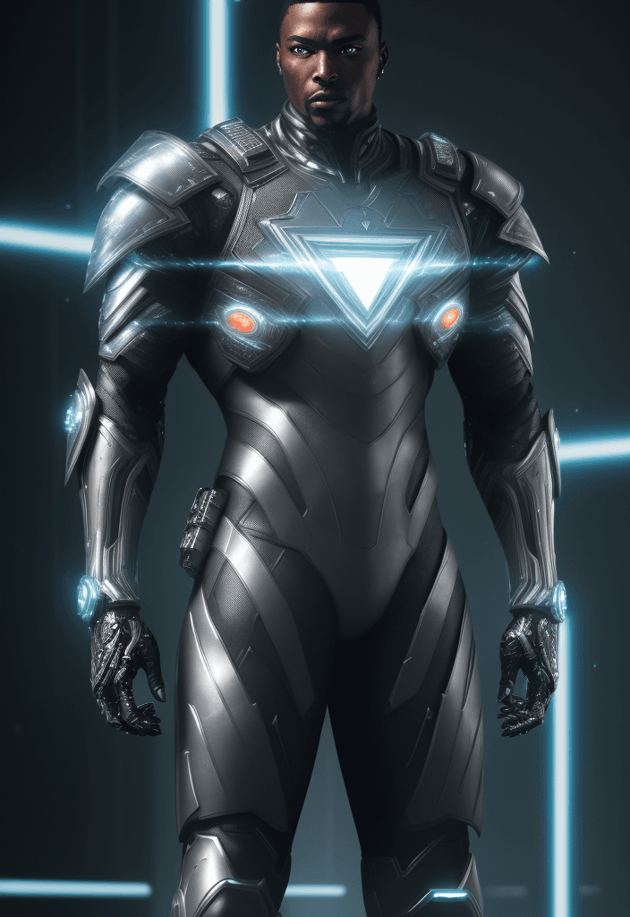 AI generated: a super high-detailed and realistic image of a black man superheroe cyberpunk-style hero in a silver...