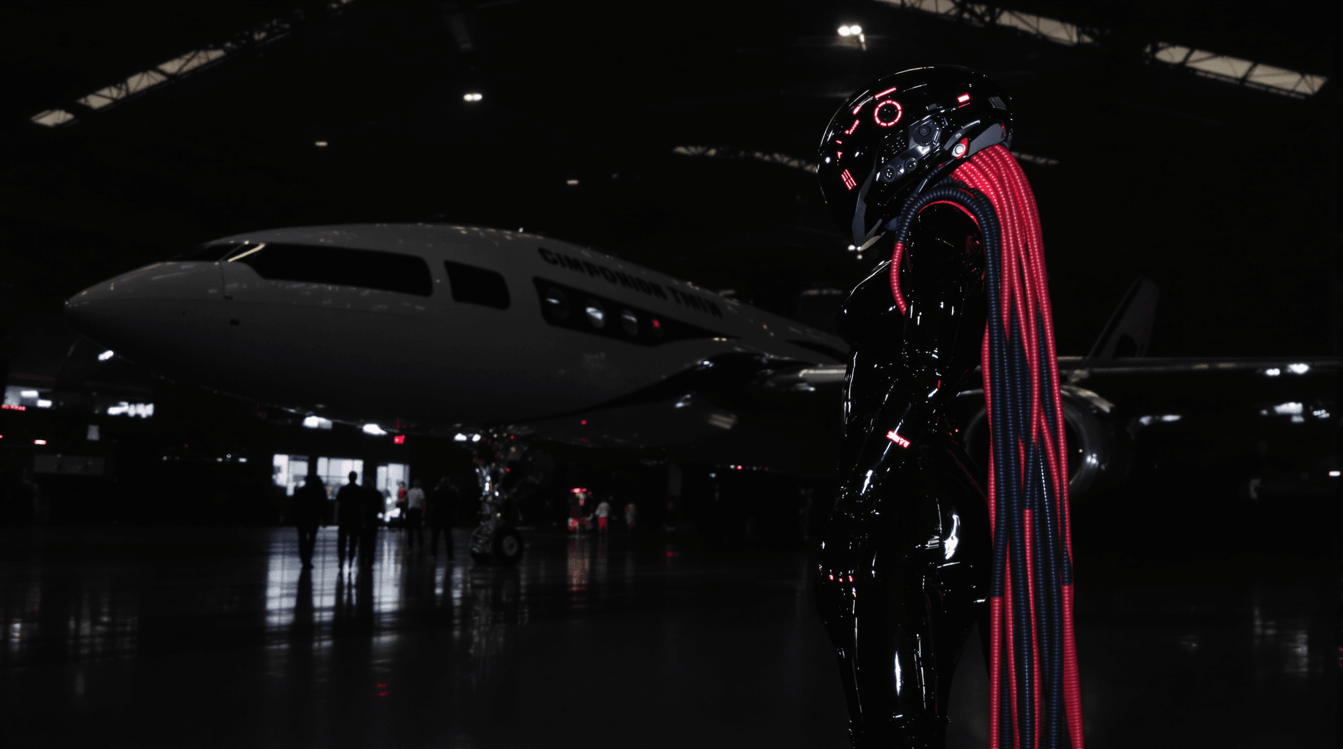 AI generated: A futuristic theam: She's standing in a dark hangar looking on a futuristic airplane in the backgrou...