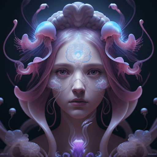 AI generated: Goddess close-up portrait ribcagel. jellyfish phoenix head, nautilus, orchid, skull, betta fish, bio...