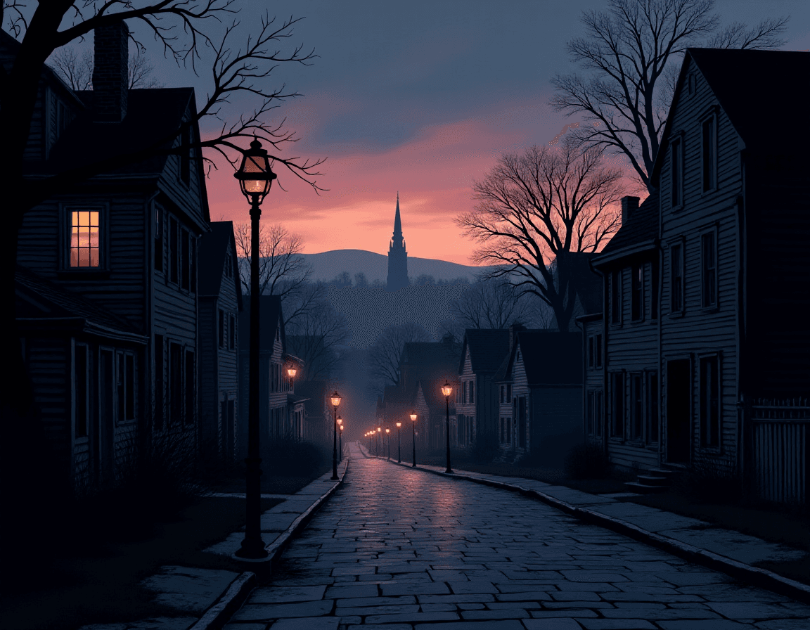 AI generated: Create an atmospheric and engaging full-width establishing shot of the town of Salem at twilight for...