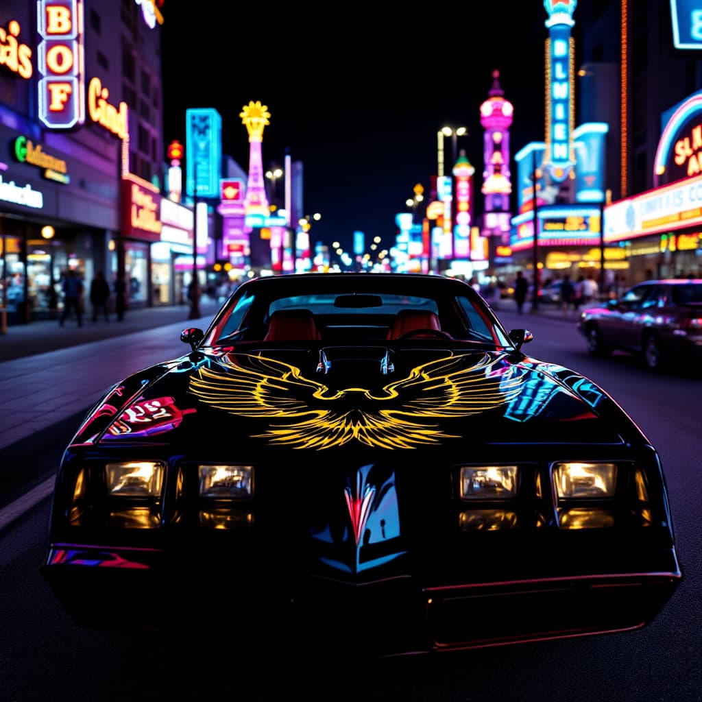 AI generated: Photo of a ultra realistic Black on Black 1979 Pontiac Trans Am with the bird with the shaker hood s...