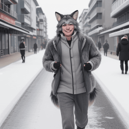 AI generated: A male therian kemono wolf with gray fur, smiling embarrased while walking down the street in winter