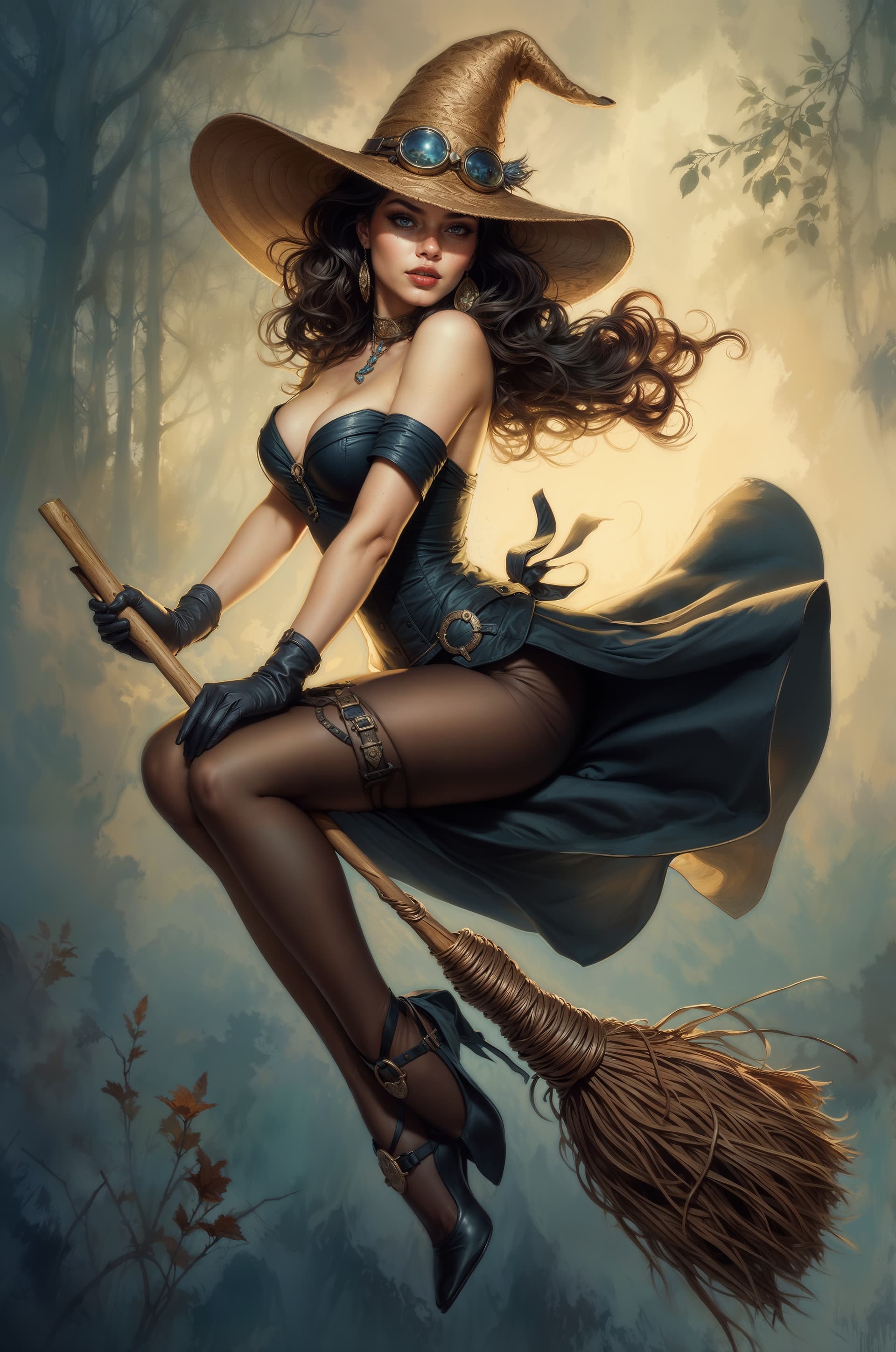 AI generated: A mesmerizing and intricately detailed drawing of a brunette witch, exuding elegance as she perches ...