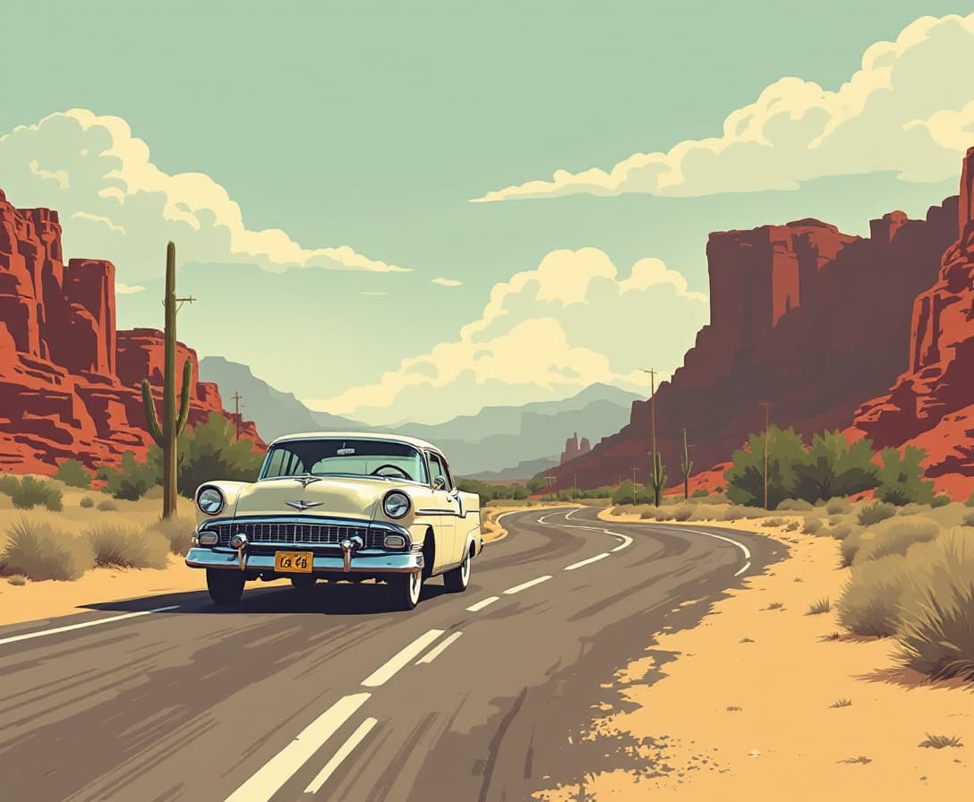 AI generated: i'd like a highly stylized artwork with route 66 tones and theme containing a 1950s or early 1960s c...