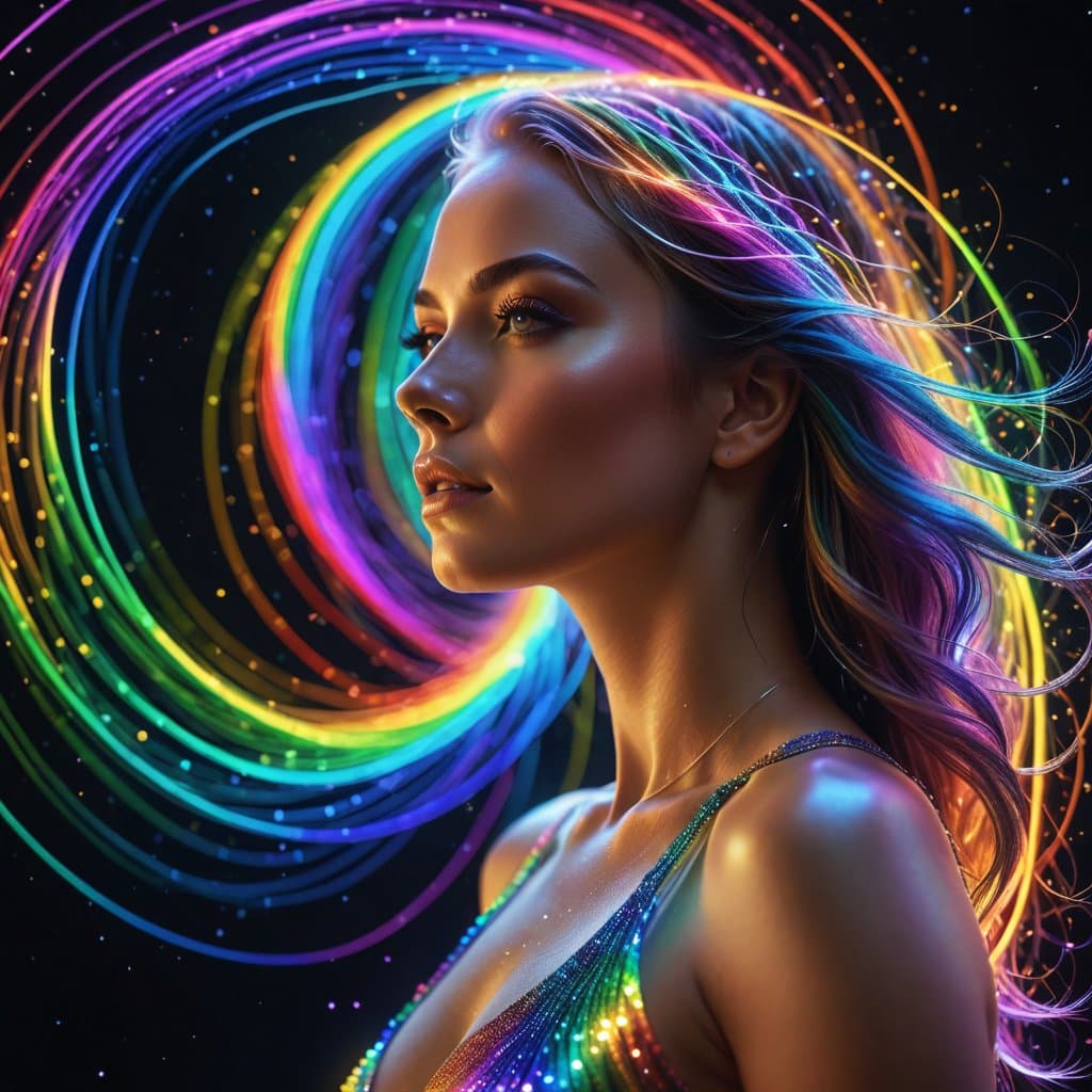 AI generated: A flowing line of pure energy, rainbow, particles floating in the air, illumination, darkness contra...