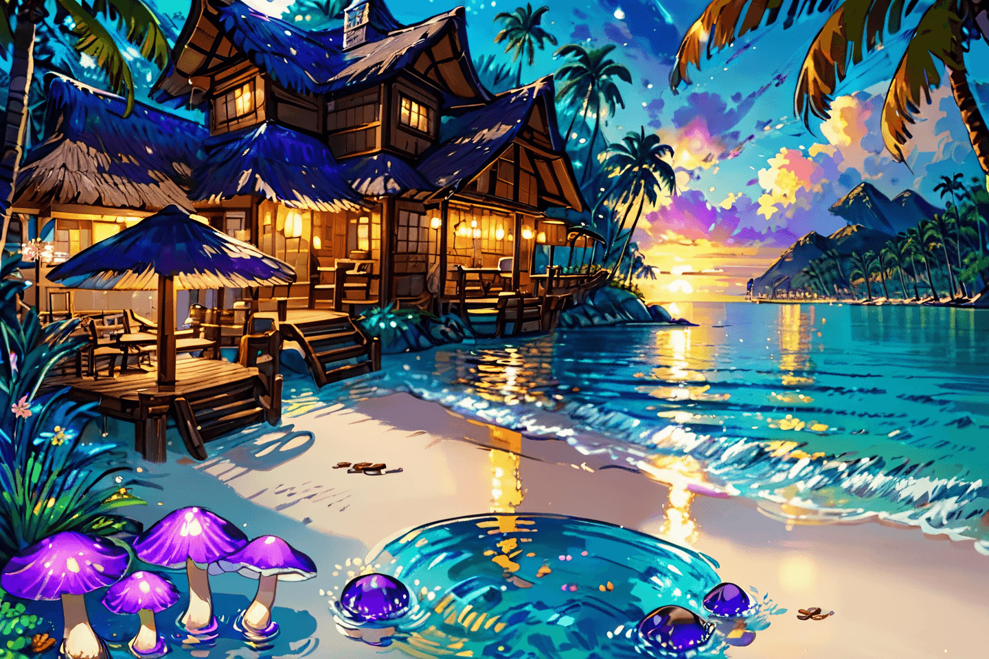 AI generated: Brightwater Purple sunset, anime, beach waves, palm trees, clouds, night time, 16K, UHD, HDR,(Master...