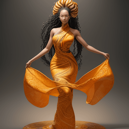 AI generated: Hyper rFull body of a woman, standing, turn around towards the camera, with a flowing, sculptural ha...