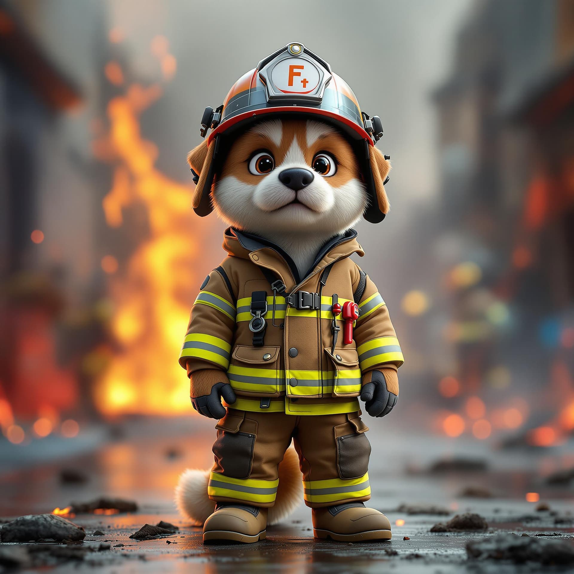 AI generated: A cute firefighter dog standing like a person, dressed in a protective helmet, a durable firefighter...