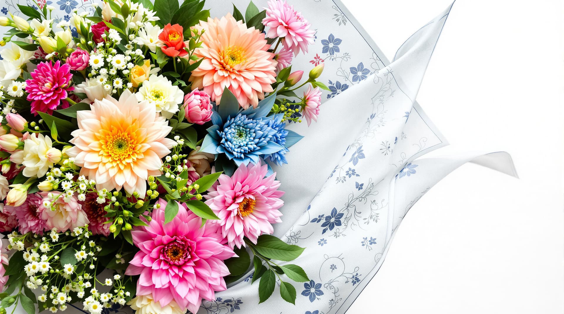 AI generated:  A stunningly vivid Japanese floral bouquet is showcased, partially wrapped in a furoshiki tissu wit...