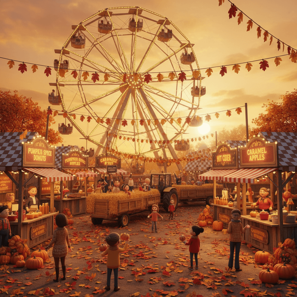 AI generated: "3D scene of an autumn carnival with ferris wheel, hay rides, and food stalls"