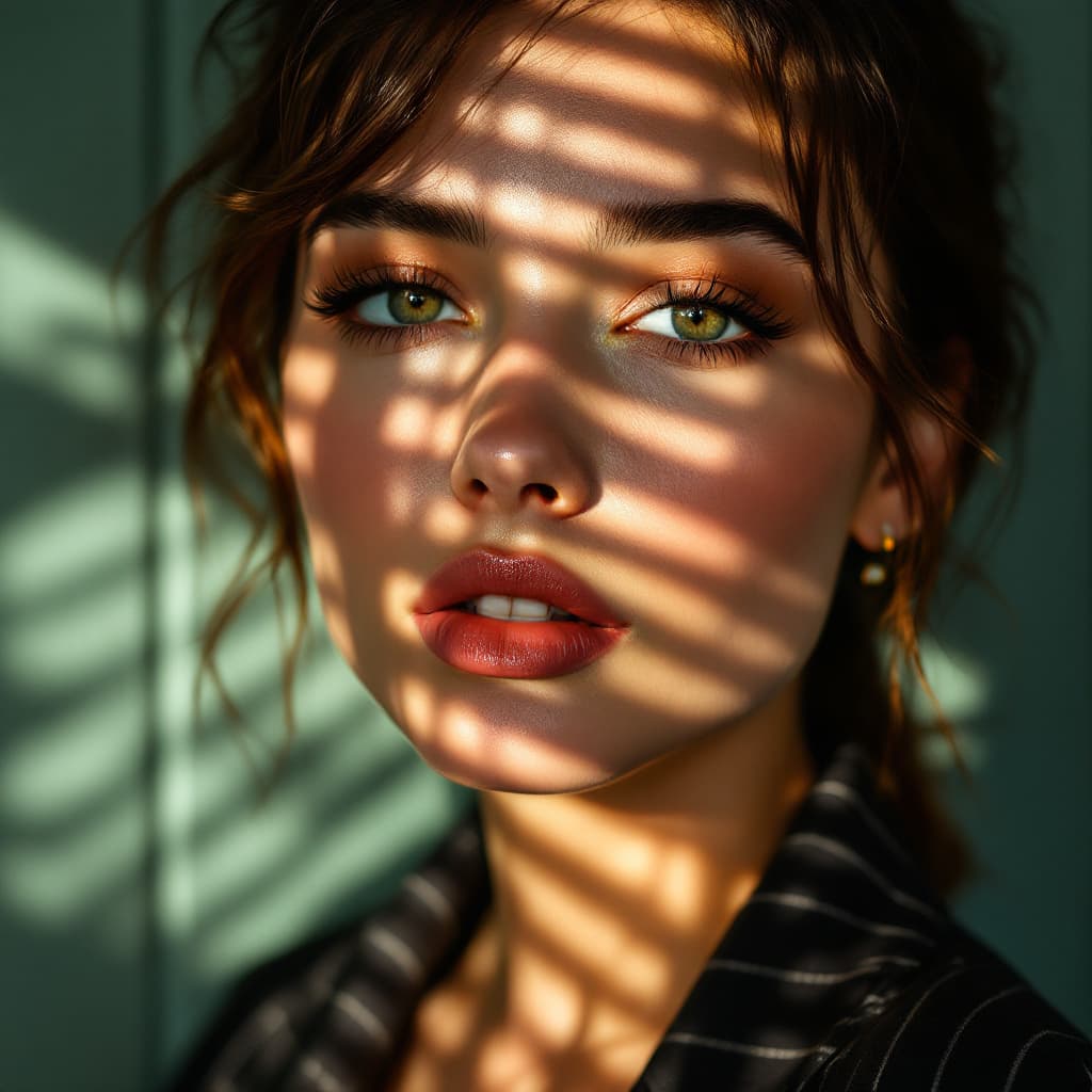 AI generated: Close-up portrait of a woman illuminated by soft, warm afternoon light streaming through window blin...