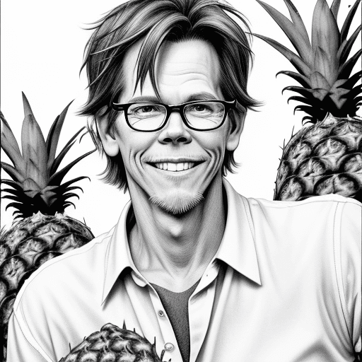 AI generated: Black and white cartoon drawing of Kevin Bacon at the Farmer's Market holding a pineapple
