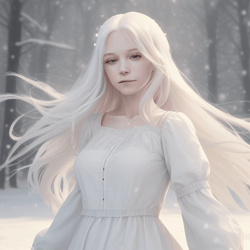 AI generated: Portrait of a woman with long flowing white hair, small breasts (show:1.1) She (wears:1.1) a (dress:...